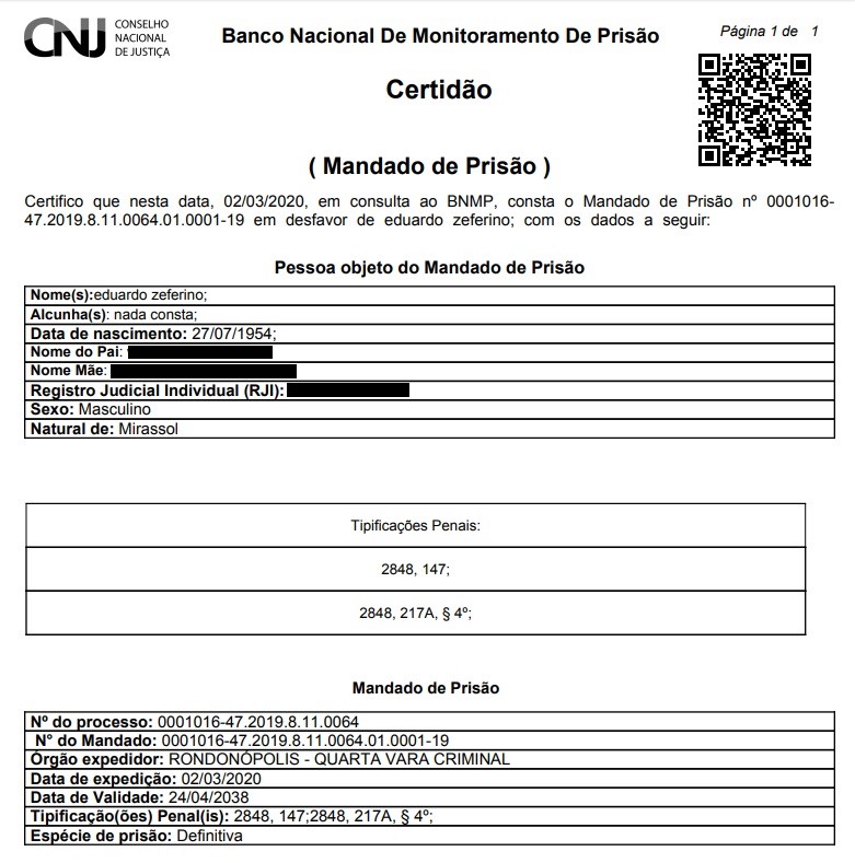 Mandado de pris&iuml;&iquest;&frac12;o ex-prefeito de dom aquino