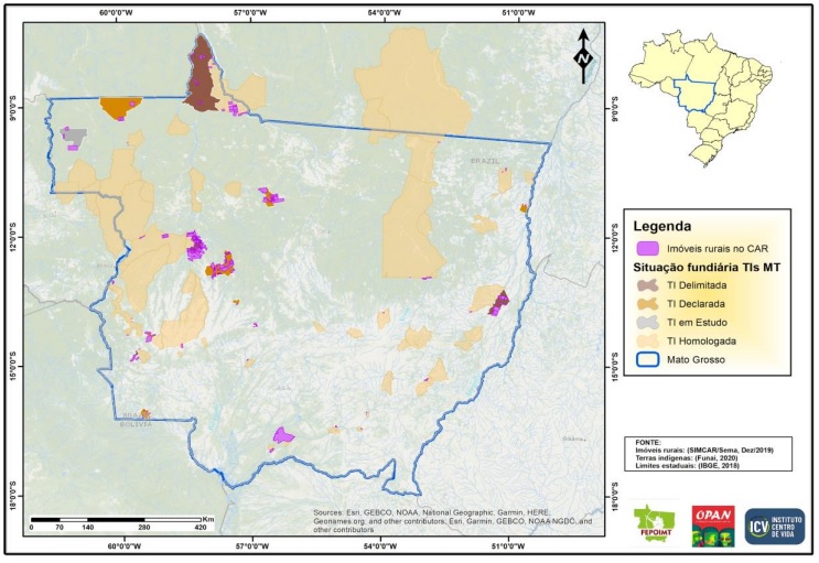 Mapa - CAR em sobreposi&iuml;&iquest;&frac12;&iuml;&iquest;&frac12;o a terras ind&iuml;&iquest;&frac12;genas em Mato Grosso