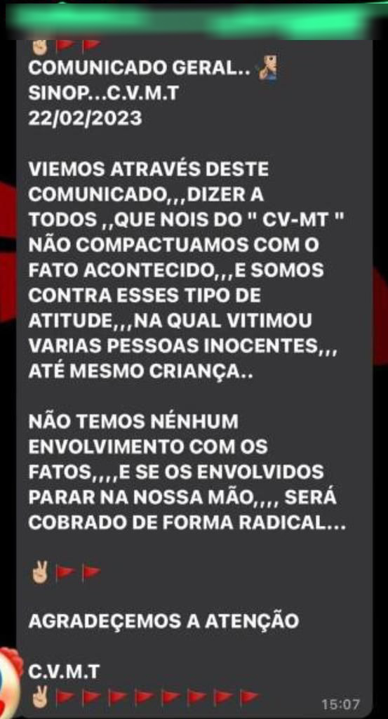 Comunicado ameaca do CV - whatsapp