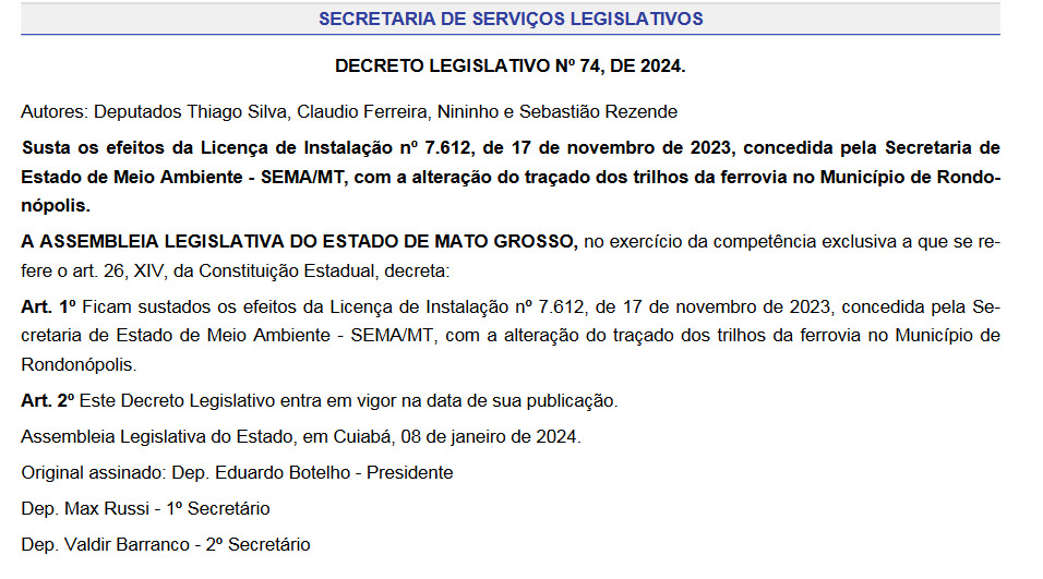 Decreto tra&ccedil;ado ferrovia Rondon&oacute;polis 