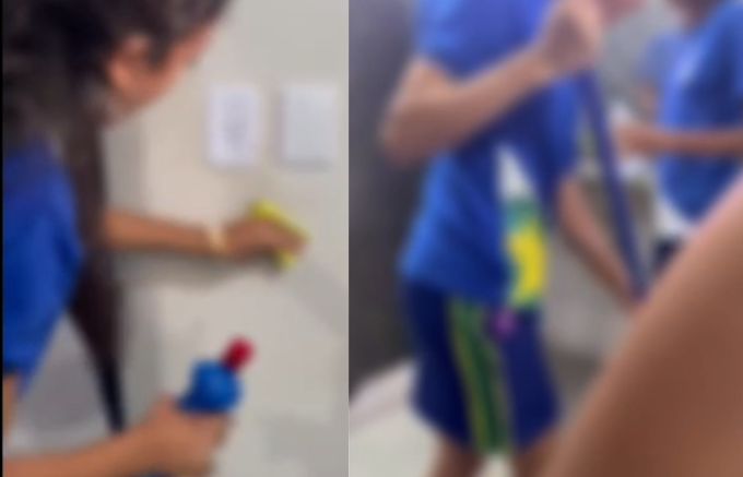 alunos limpando escola 