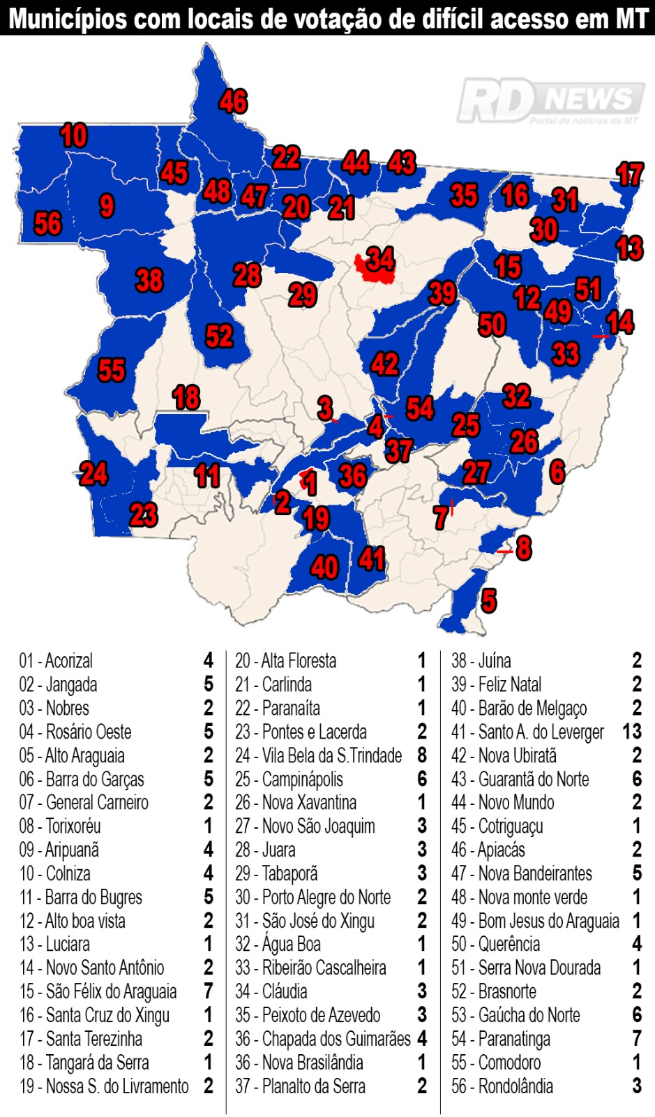 Mapa - zonas eleitorais de MT com locais de dif�cil acesso