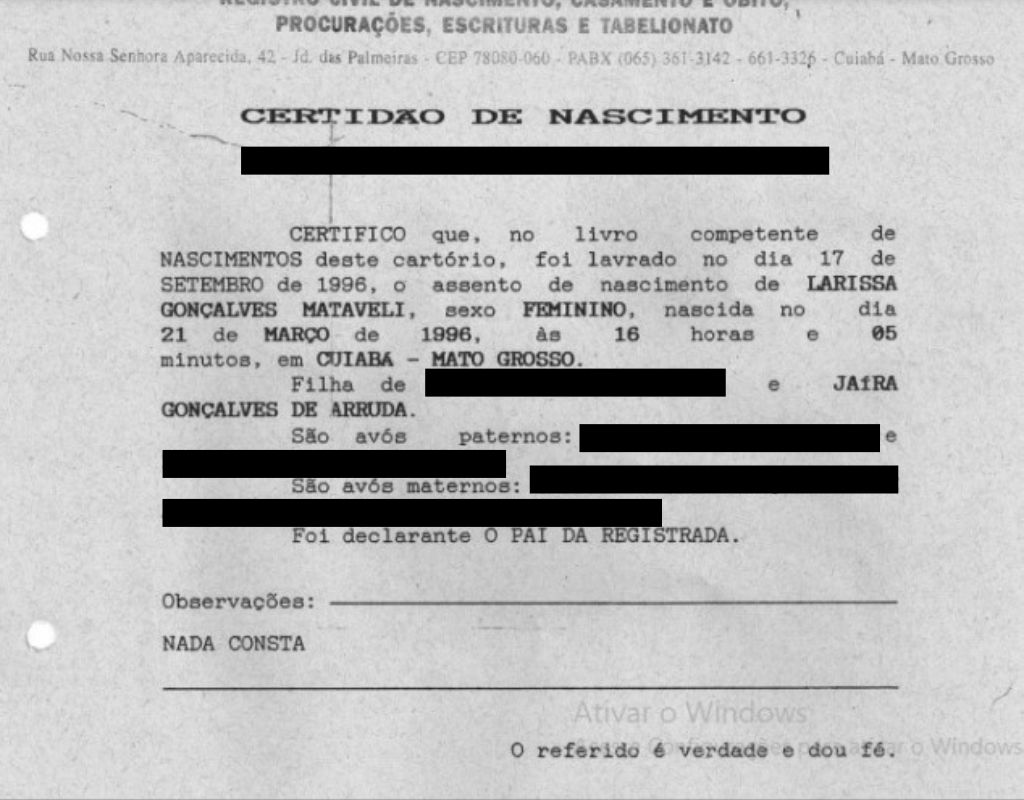 Certid&atilde;o Larissa Mataveli