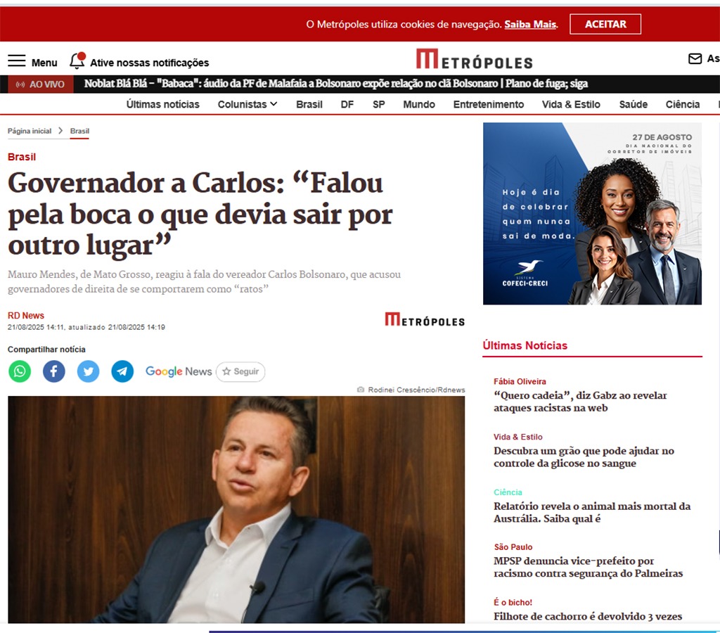 Repercuss&iuml;&iquest;&frac12;o fala de Mauro para Carlos Bolsonaro - Metr&iuml;&iquest;&frac12;poles