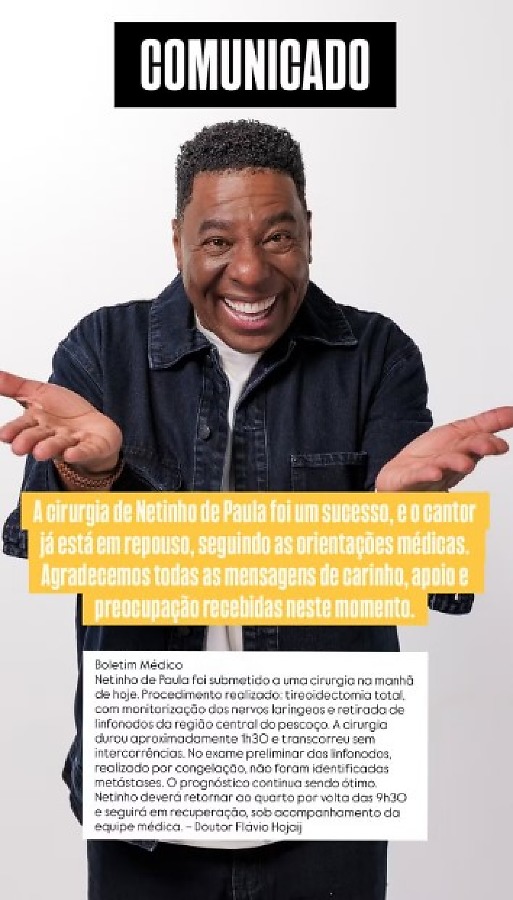 Cantor Netinho passa por cirurgia para remoção de câncer