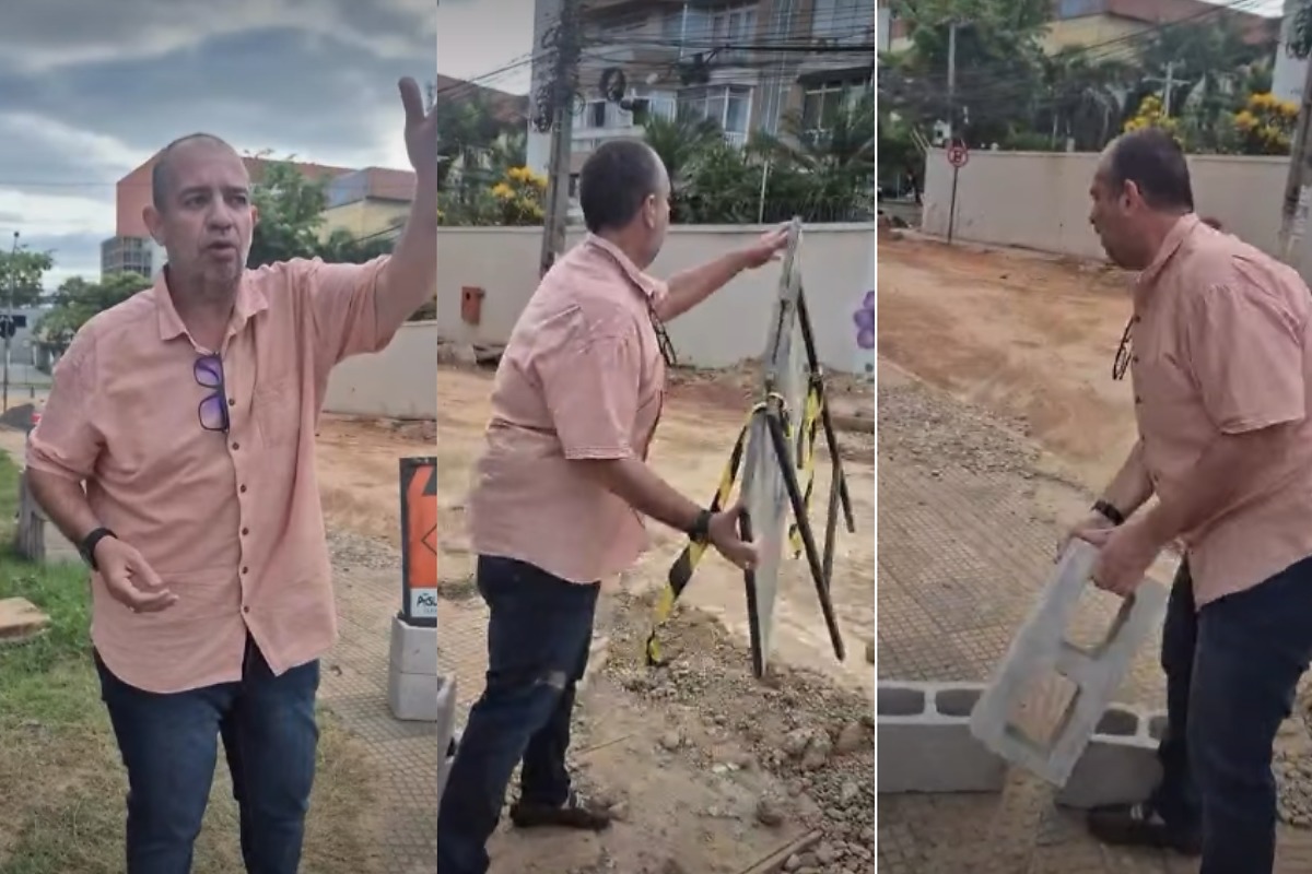 Dono da Lélis Peixaria joga placa no chão e cobra Águas Cuiabá por fim de obra que dura 25 dias
